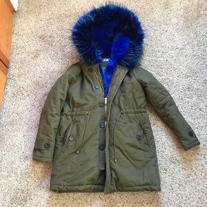 Army green blue fur parka jacket